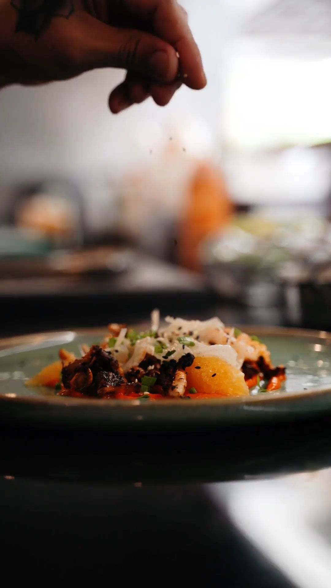 A plated course photographed close and low